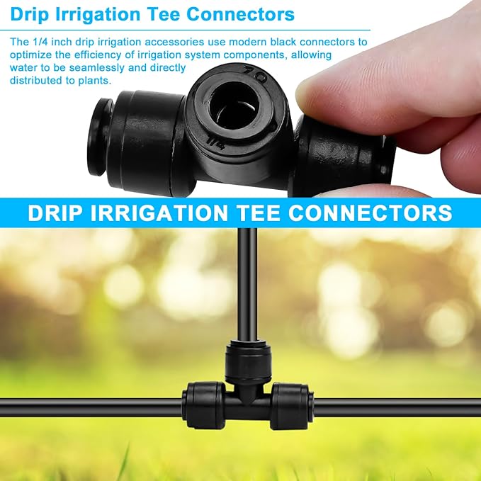 100FT PE Drip Irrigation Tubing, 1/4 inch Blank Distribution Tubing with 10PCS 1/4" Drip Irrigation Tee Connectors for Quick Connector Irrigation System-VerdiqueGarden