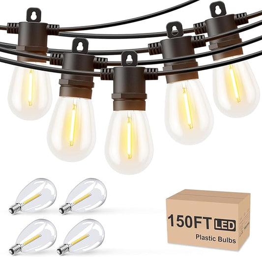 Svater Outdoor String Lights 150 FT, Patio Lights for Outside with Shatterproof Bulbs, IP65 Waterproof Commercial Grade LED Hanging Light for Backyard Bistro Market Cafe, Black-VerdiqueGarden