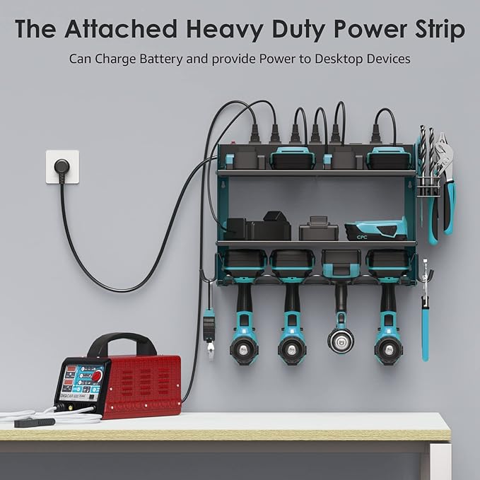 CCCEI Set Power Tool Organizer Wall Mount with Charging Station. Garage 4 Drill Storage Shelf with Hooks, Heavy Duty Metal Tool Battery Charger Organizer. Shop Utility Rack with Power Strip Navy Blue.-VerdiqueGarden