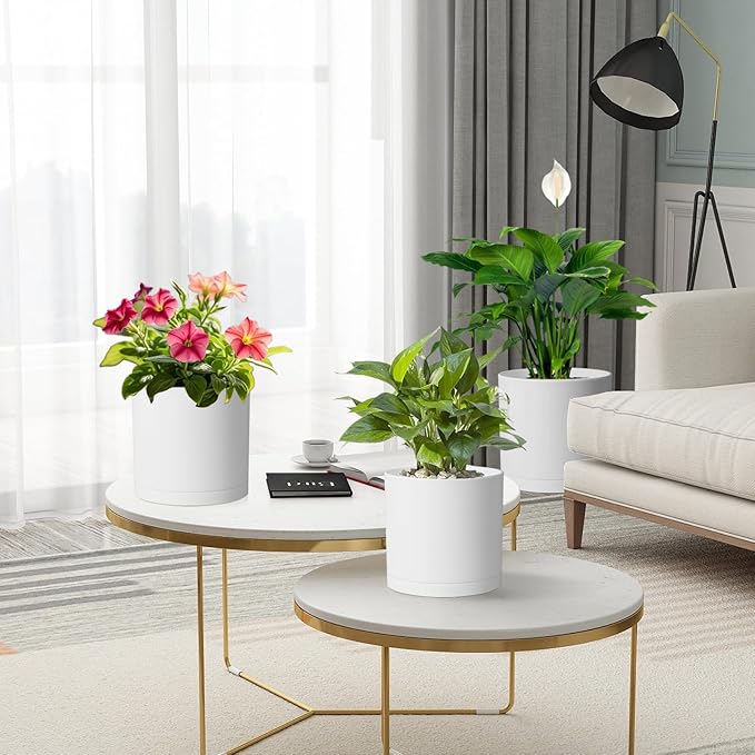 10/8/6 inch Deep Flower Pots, 3 Pack Cylinder Tall Plant Pots for Outdoor Indoor Plants, Large Decorative Plastic Planters with Drainage Holes and Saucers for Garden House Plants, White-VerdiqueGarden