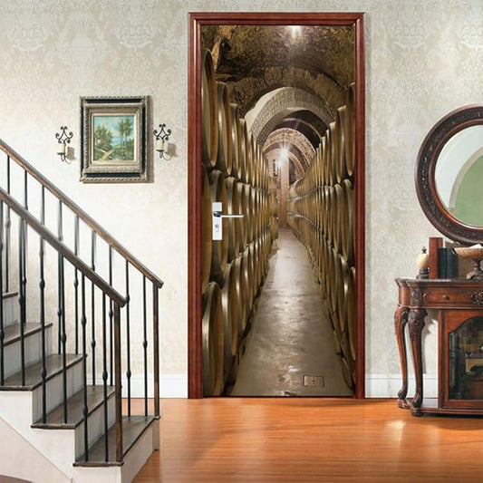 3D Door Stickers Murals - Peel and Stick Wine Cellar Theme - Removable PVC Waterproof Door Poster for Bedroom & Living Room - 34.6" x 78.7"-VerdiqueGarden