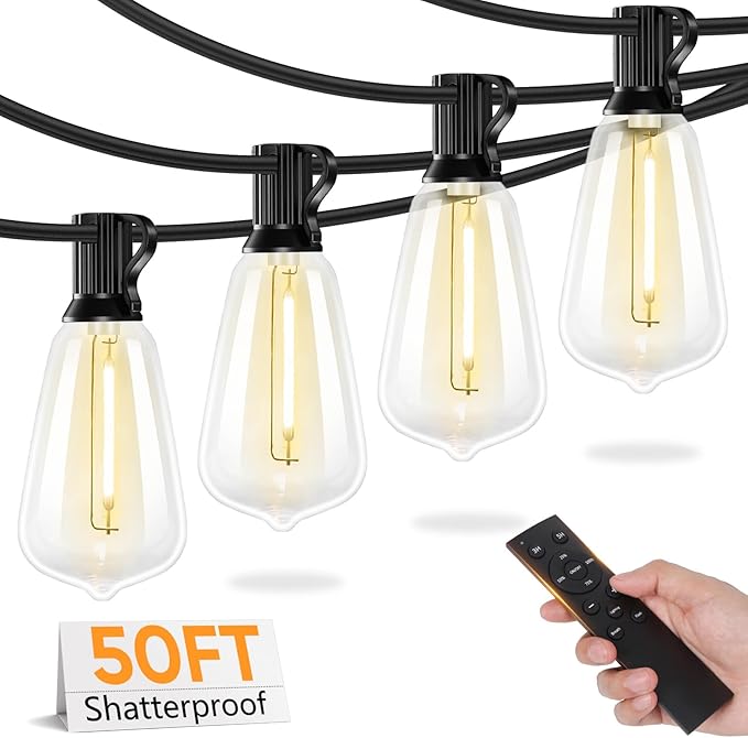 Brightever 50FT Outdoor String Lights with Remote, LED String Lights for Outside with 16 Shatterproof ST38 Vintage Edison Bulbs, 3 Modes 2 Timer Dimmable Outside Lighting for Patio, Gazebo, Deck, Yard-VerdiqueGarden