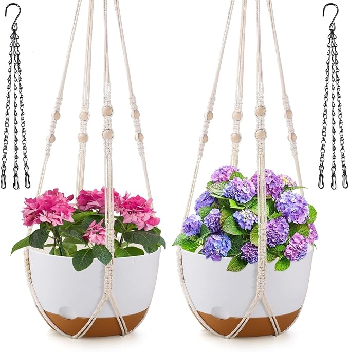 10 Inch Hanging Planter, 2 Pack Hanging Plant Self Watering Pot with Drainage Holes and Saucers, Hanging Baskets Flower Pots with Macrame Rope Hangers for Garden Home -White-VerdiqueGarden