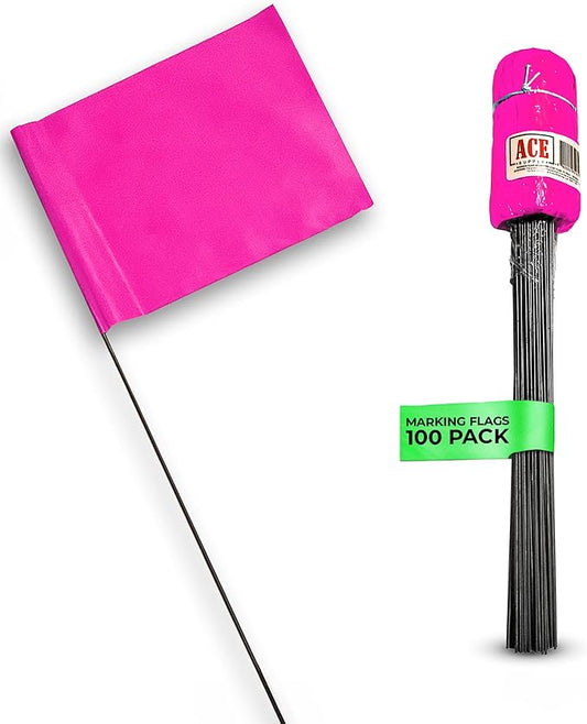 Fluorescent Pink Marking Flags, 100 Pack - 4x5-Inch Marker Flags - 15-Inch Wire - for Lawn, Irrigation, Dog Training, Landscape, Survey-VerdiqueGarden