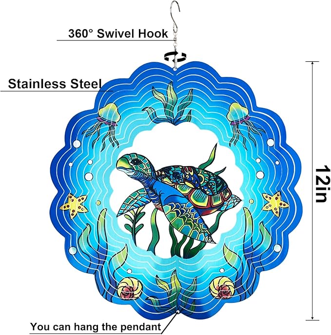 Sea Turtle Wind Spinners 3D Hanging Wind Spinner Sea Turtle Ornament Gifts for Women Mom Grandma,12inch Metal Wind Kinetic Sculpture for Outdoor&Indoor Decor, Yard Art, Garden Decoration-VerdiqueGarden
