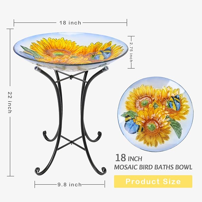 VCUTEKA Bird Baths for Outdoors, Glass Bird Bath with Metal Standing for Garden, Yards Patio Décor, Bird Lovers Gift, Sunflower Glass Birdbath Detachable (22" H * 18" W)-VerdiqueGarden