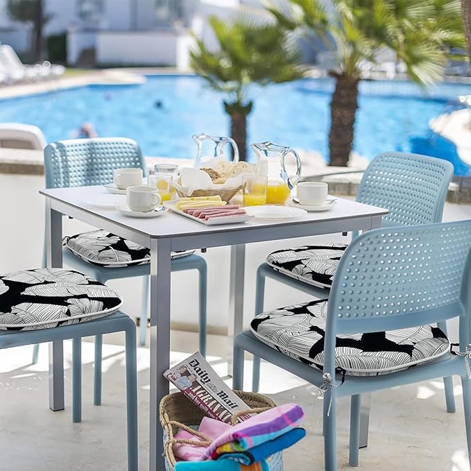 Indoor/Outdoor Chair Cushions 16x17 Inch, Patio Chair Cushions with Ties, All Weather Seat Cushions for Patio Furniture Home Garden Chair Use, Set of 4, Black Lush Leaves-VerdiqueGarden