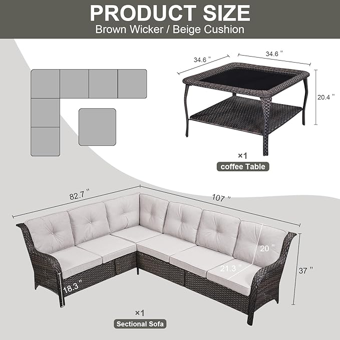 Outdoor Furniture Sectional Sofa L Shaped Couch - Patio Wicker Set with Coffee Table, 3 Piece Rattan Patio Conversation Sets with Beige Cushion for Deck Backyard Sunroom-VerdiqueGarden