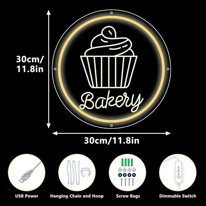 Bakery Neon Sign for Wall Decor Dimmable LED Neon Light Cake Bread Light Up Signs for Business Dessert Food Shop Restaurant Coffee Bar Birthday Party Decoration-VerdiqueGarden