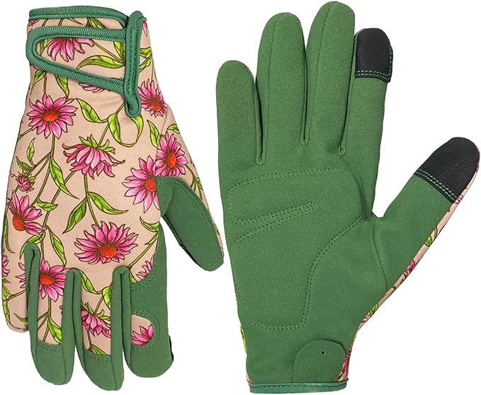 Gardening Gloves for Women, Garden Gloves with Touch Screen, Thorn Proof Puncture Resistant Working Gloves, Gardening Gifts for Women (Green with Pink Flowers, Medium)-VerdiqueGarden