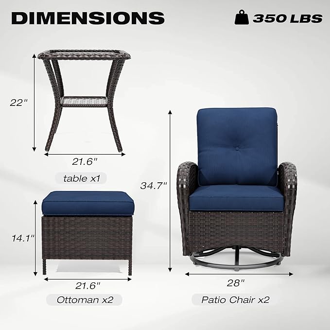 Joyside 5 Piece Patio Furniture Set, Outdoor Swivel Chair Sets with Thick Cushion and Ottoman, Wicker Patio Conversation Set for Porch, Deck Use (Brown/Blue, 5 PCS)-VerdiqueGarden