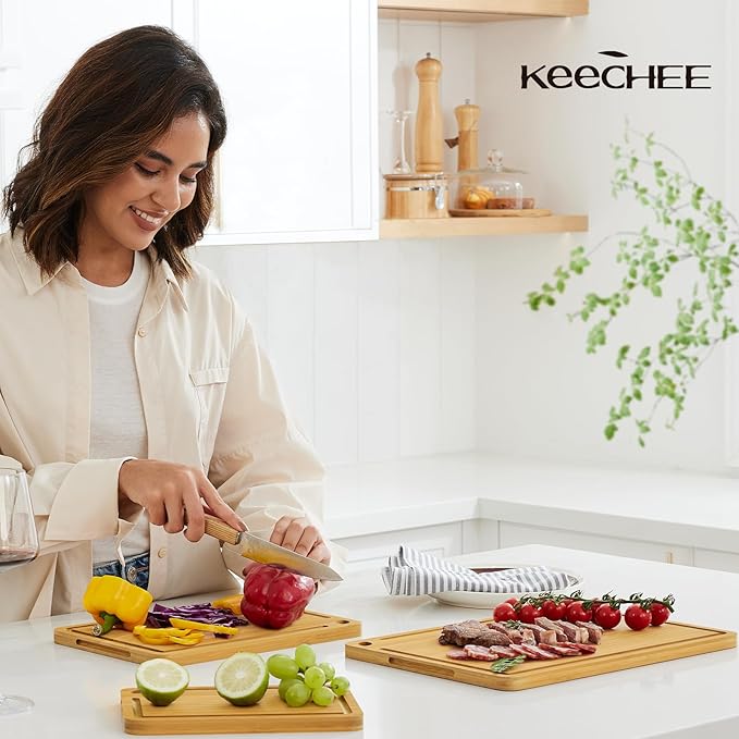 Wood Cutting Board for Kitchen - Reversible Bamboo Cutting Boards Gift Set of 3 with Juice Groove, Wooden Chopping Board for Meat, Fruit, Vegetables & Cheese (Pre Oiled, Natural)-VerdiqueGarden