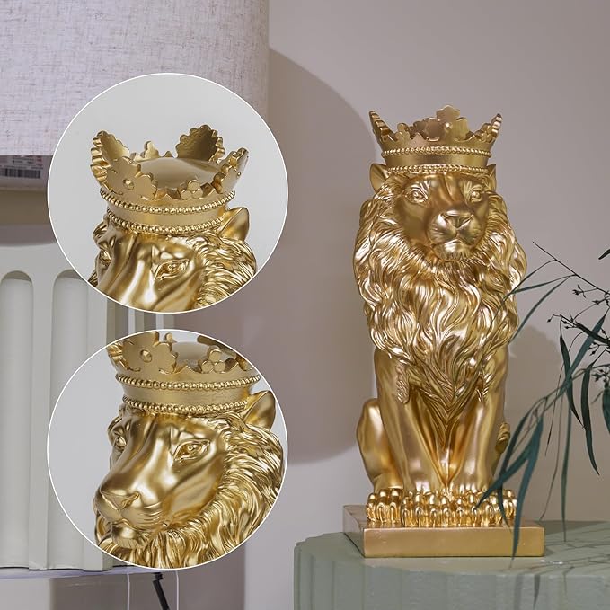 Gold Room Décor Lion Statue – 15 Inch Gold Statue Lion Figurine House Decorations with Crown Lion Statues Home Décor Lion Decoration Décor for Living Room Gold Décor 8.5 * 5.5 * 15 Inch-VerdiqueGarden