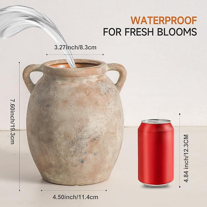 Ceramic Flower Vase 7.6 inch Farmhouse Rustic Vase Decorative Pottery Terracotta Vases for Home Decor Table Mantle Fireplace Living Room Bathroom Wedding Centerpiece (Whitewashed)-VerdiqueGarden