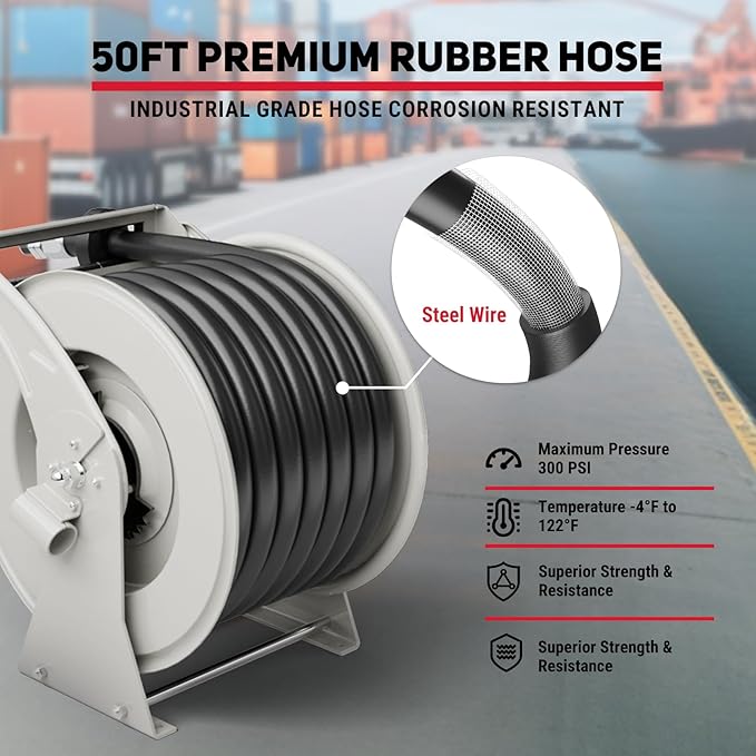 Diesel Fuel Hose Reel Retractable 1" x 50' with Fueling Nozzle Diesel Hose Reel 300 PSI Industrial Auto Swivel Heavy Duty Steel Construction for Farm Ship Vehicle Tank-VerdiqueGarden