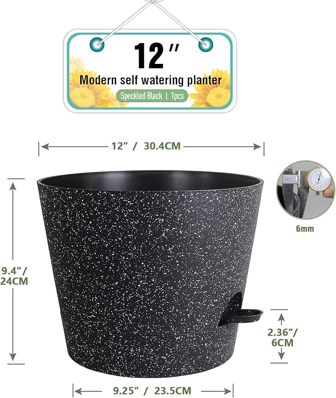 12 inch Large Self Watering Pots, Plant Pots with Mesh Drainage Holes for Indoor Outdoor Plants, Plastic Planters with Deep Reservoir for Garden House Flower Plants, Speckled Black-VerdiqueGarden