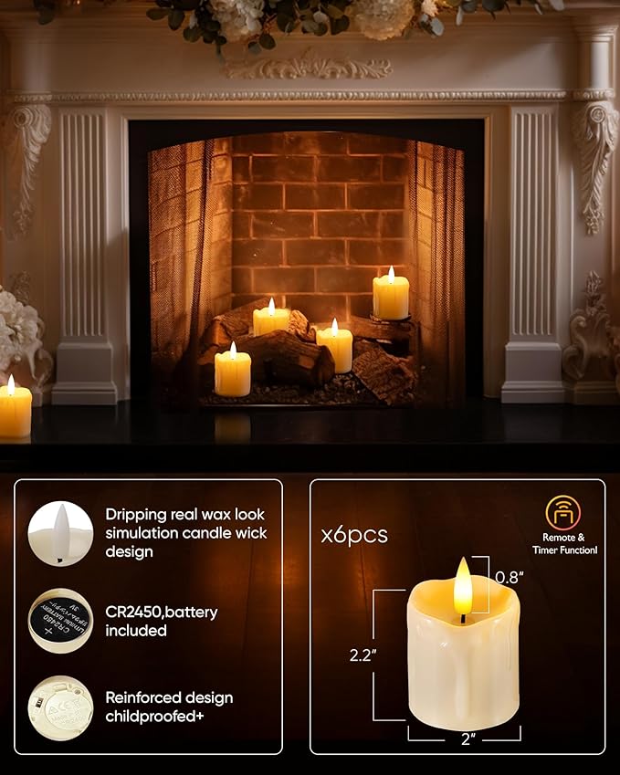 Homemory 2" x 2" Timer Remote Control Flickering Flameless Votive Candles, Realistic Battery Operated, 6Pack 3D Wick Electric Fake for Christmas, Wedding, Home Decorations-VerdiqueGarden