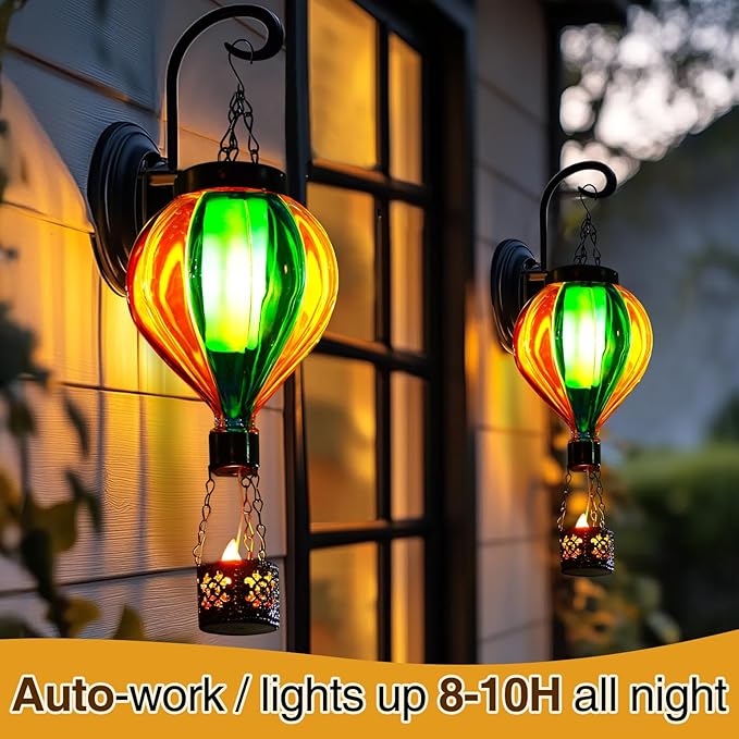 Hot Air Balloon Solar Lantern with Flickering Flame Christmas Gifts for Women Grandma Mom Outdoor Hanging Light Solar Decorative Air Balloon Lamp for Garden Patio Yard and Home (Blue & Yellow)-VerdiqueGarden