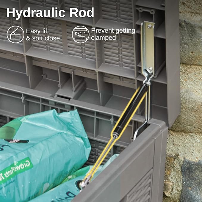 EAST OAK Outdoor Storage Box, 100 Gallon Deck Box, Waterproof Resin Storage Bench for Patio Cushions, Gardening Tools, Pool Accessories, Lockable, UV Resistant, Grey-VerdiqueGarden