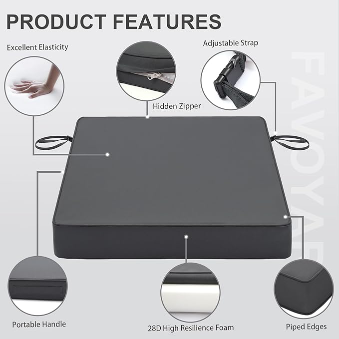 Favoyard Patio Chair Cushions 22 x 22 x 3 Inch Waterproof Outdoor Seat Cushions for Patio Furniture 3-Year Color Fastness Garden Sofa Couch Pads with Handle & Adjustable Straps Set of 2, Dark Grey-VerdiqueGarden