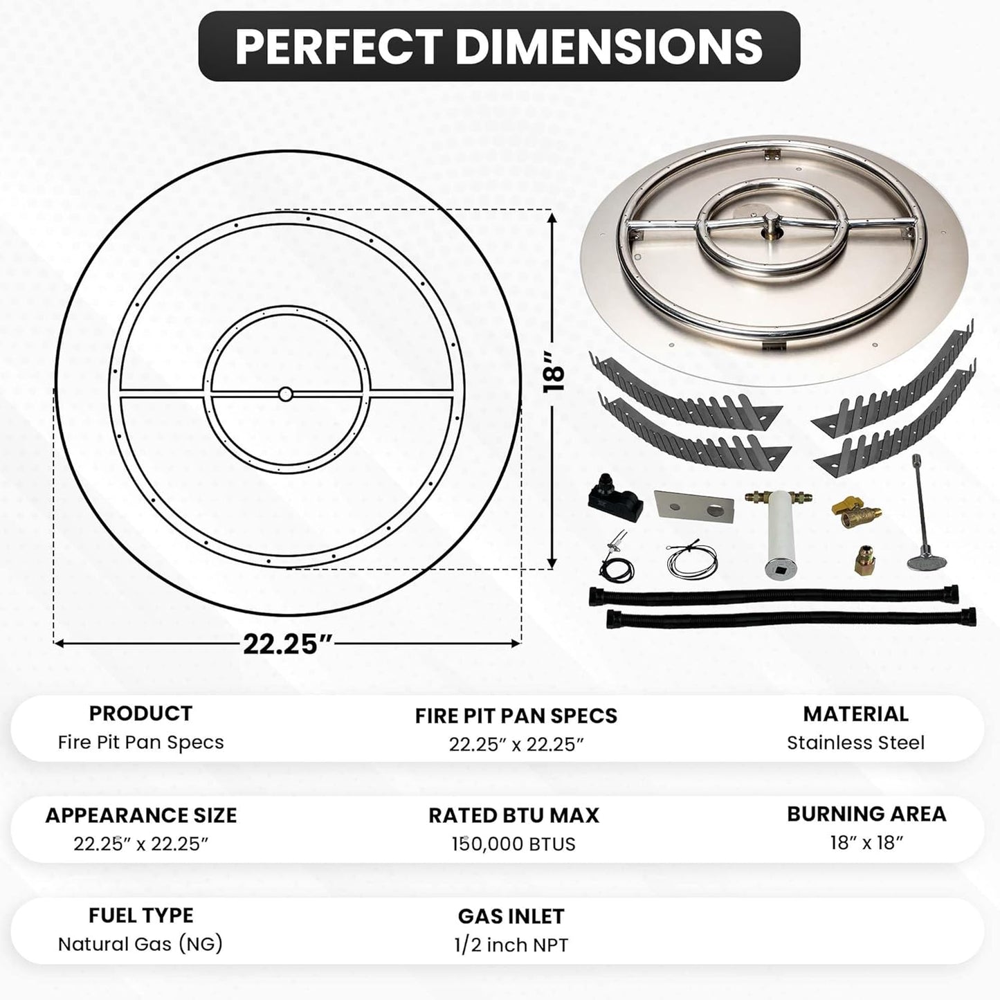 Stainless Steel Fire Pit Burner Pan & Ring Pro Kit for Natural Gas, 22-Inch Pan, 18-Inch Ring, 150,000 BTU Max-VerdiqueGarden