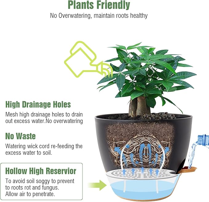 12 inch Large Self Watering Pots, Plastic Planters with 60oZ Removable Deep Reservoir and Multi Mesh Drainage Holes for Indoor Outdoor Garden Plants and Flowers, Black with Brown-VerdiqueGarden