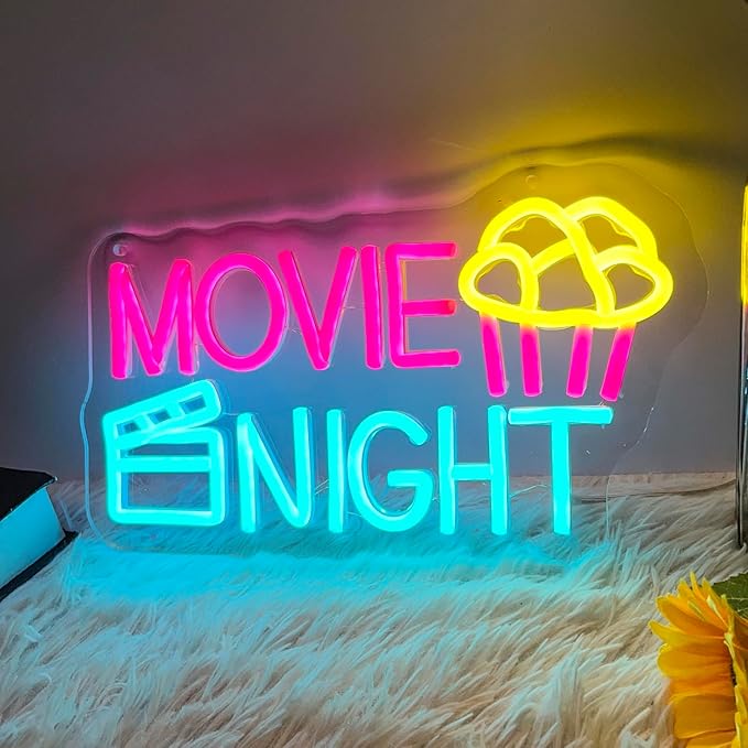 Movie Night Neon Sign With Popcorn Dimmable LED Neon Lights for Wall Decor USB Powered Light Up Signs for Bedroom Living Room Cinema Film Room Man Cave Home Bar Wedding Birthday Party-VerdiqueGarden