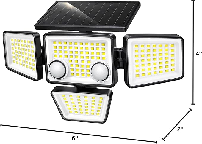 Solar Outdoor Lights - 3000LM 188 LED Motion Sensor Outdoor Lights, 4 Heads IP65 Waterproof Powered Security Flood Lights, 270°Wide Lighting Angle Wall Light with Sensors for Backyard Yard-VerdiqueGarden