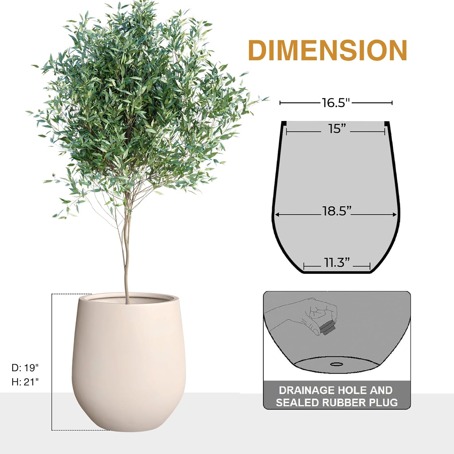 21" H x 19" D Corso Fiberstone Round Tapered Planter with Drainage Hole, Smooth Finishes, Weather Resistant for Indoor and Outdoor Use (Kilim Beige, 15" Pot Opening)-VerdiqueGarden