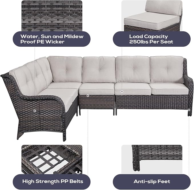 Outdoor Sectional Furniture Sofa Set with Propane Fire Pit Table, Wicker Patio Conversation Set with 2 Swivel Rocker Glider Chairs Beige Cushion Perfect for Backyard Casual Gathering-VerdiqueGarden