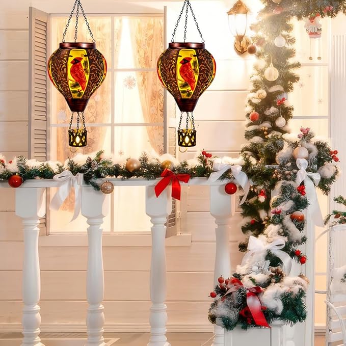 Starsoul Cardinal Hot Air Balloon Solar Lantern with Flame Candle, Hanging Hot Air Balloon Outdoor Solar Lanetrns Waterproof for Garden Patio Yard, Mother's Day Xmas Christmas Woman Gifts-VerdiqueGarden