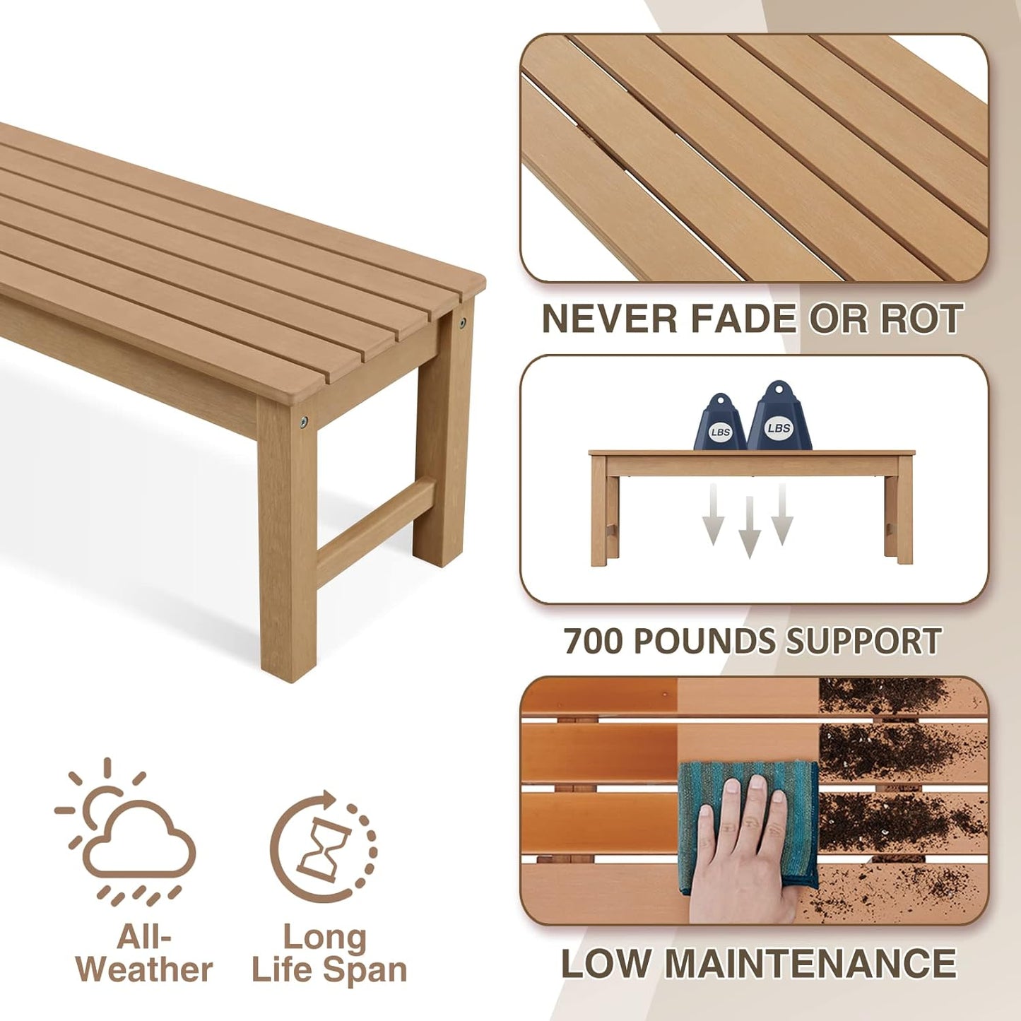 Psilvam Outdoor Bench, Two Person Poly Lumber Porch Bench, Weatherproof Garden Bench That Never Rot and Fade, All-Weather Patio Bench Suit for Garden, Porch, and Park (Teak Color)-VerdiqueGarden