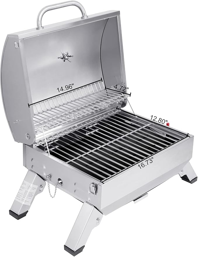 Royal Gourmet GT1001 Stainless Steel Portable Grill, 10000 BTU BBQ Tabletop Gas Grill with Folding Legs and Lockable Lid, Outdoor Camping, Deck and Tailgating, Silver-VerdiqueGarden