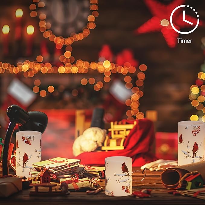 Cardinal Flameless Candles, 3 Pack LED Flickering Pillar Candles with Red Bird Decals, Real Wax Cardinal Home Decor for Halloween Christmas Decor(D3” x H4”5”6”)-VerdiqueGarden