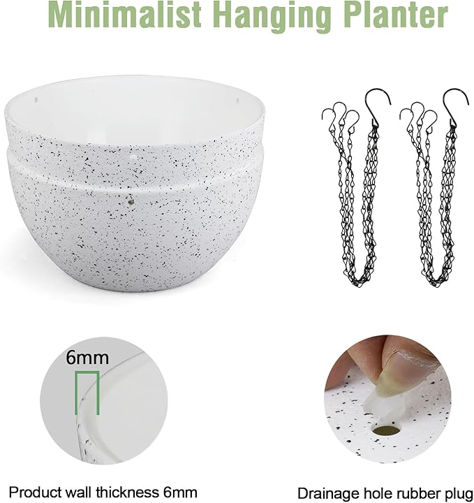 12 inch Large Hanging Planters for Indoor Outdoor Plants, 2 Pack Hanging Flower Pots with Drainage Holes and Chain for Garden Porch, Plastic Hanging Baskets for House Plants, Speckled White-VerdiqueGarden