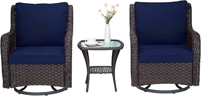 Towallmark Outdoor Swivel Wicker Glider Patio Chairs with Table Set, 3 Pieces Outdoor Bistro Set with 4”Thick Cushions and Coffee Table for Porch, Balcony, Deck (Blue)-VerdiqueGarden
