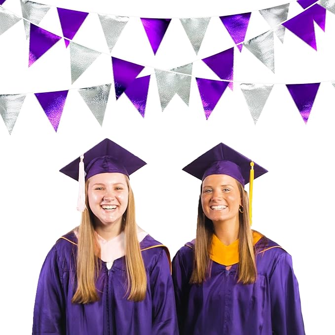 Purple and Silver Party Decorations Triangle Pennant Banner Flag Metallic Fabric Bunting Garland for Birthday Graduation Retirement Bachelorette Wedding Bridal Shower Engagement Disco Party Supplies-VerdiqueGarden