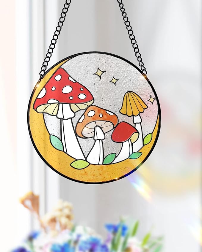 Tuitessine Mushroom Stained Glass Suncatcher Moon Toadstools Window Wall Hanging Ornament Hand-Painted Glass Panel Decor for Home Gift for Nature Plant Mushroom Lovers 6.3"*6.3"-VerdiqueGarden