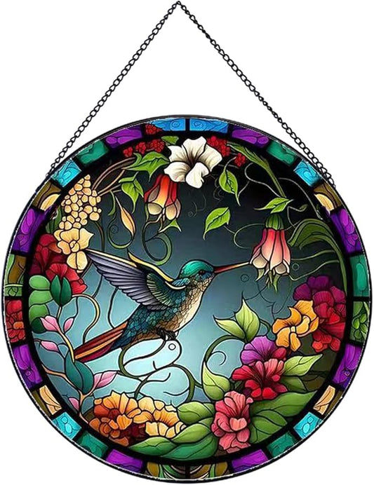 Hummingbirds and Flowers Pattern Suncatcher Stained Glass,Hanging Stained Glass for Windows,20cm/7.87inch Hand-Painted Sun Catcher Garden Hangings Painted Glass Panel Decor Themed Gift-VerdiqueGarden