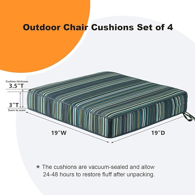 Sunbrella Square Corner Seat Cushions, 19" x 19" x 3", Set of 4, Indoor Outdoor Water Repellent Universal Chair Pads with Ties for Patio Furniture, Garden Deck Dining Chairs, Beach Stripe Lagoon-VerdiqueGarden