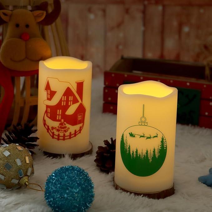 Outdoor Battery Operated Flameless Pillar Candles Auto Daily Timer Waterproof Realistic Flickering Electric LED Lights Snow House Christmas Ball Tree Decals Xmas Decorations 3”X5” 2 Pack-VerdiqueGarden