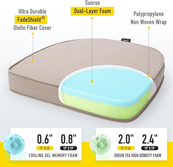 SUNROX Gel Memory Foam Chair Cushions, FadeShield Water-, Stain-Resistant Durable Reversible Seat Cushion Pads with Ties for Indoor/Outdoor Kitchen Dining Office, 19"x19", Set of 2, Husk Birch-VerdiqueGarden