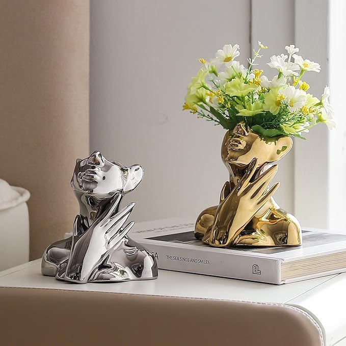 BrownLove Golden Ceramic Face Vase, Modern Golden Decorative Art Vase, Bookshelf Placed On The Desktop, Small Living Room, Office and Bedroom-VerdiqueGarden