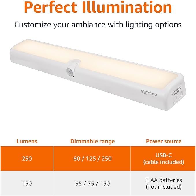 Amazon Basics LED USB/Battery Operated Light Bar, Swivel Motion Sensor, Stick on Lights, 250 Lumens, 12 Inches, Under Cabinet Lighting, Closet, Kitchen, 2 Pack, White-VerdiqueGarden