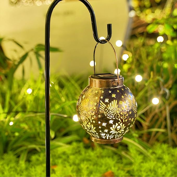 2 Pack Outdoor Solar Hanging Lantern Lights Metal LED Decorative Lamp for Garden Patio Courtyard Lawn and Table with Hollowed-Out Design (Bronze Hummingbird)-VerdiqueGarden