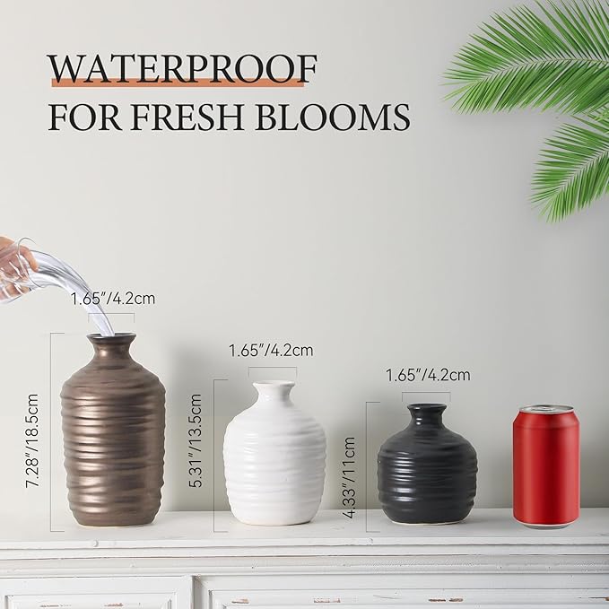 Ceramic Vase Set of 3 Decorative Vase for Home Decor Modern Farmhouse Decor Pottery Neutral Vases for Living Room Bathroom Table Mantel Fireplace Entryway Shelf (02-Metallic)-VerdiqueGarden