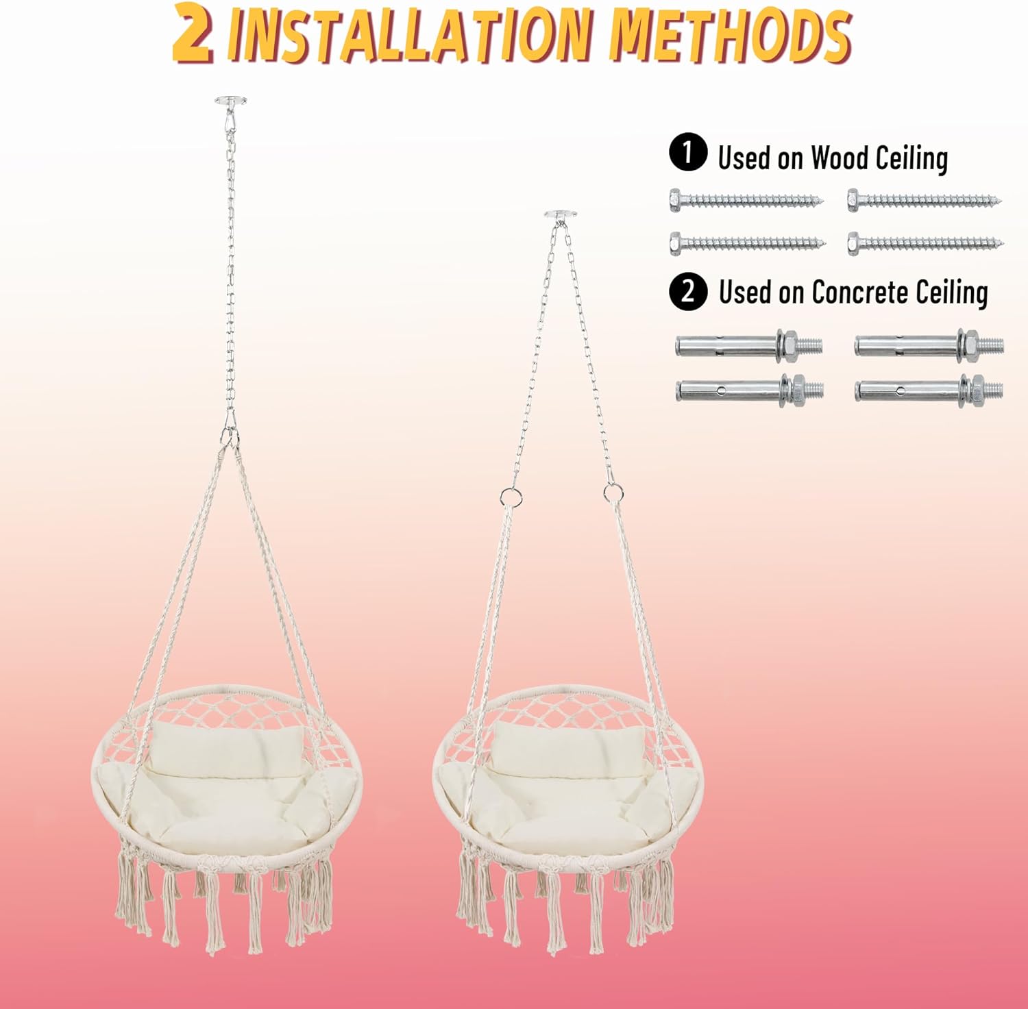 Macrame Hammock Hanging Swinging Chair with Medium Cushion, Perfect for Bedroom, Porch, Adults, Balcony, Beige-VerdiqueGarden