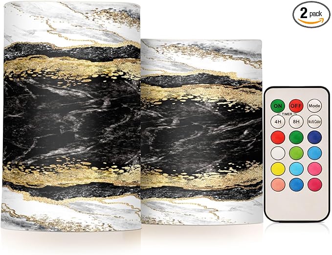 Flickering Flameless Candles, Black White Marble Gold Veins LED Candles with Remote Timer, Set of 2 Battery Operated Candle for Valentine Wedding Birthday-VerdiqueGarden