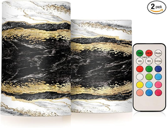 Flickering Flameless Candles, Black White Marble Gold Veins LED Candles with Remote Timer, Set of 2 Battery Operated Candle for Valentine Wedding Birthday-VerdiqueGarden