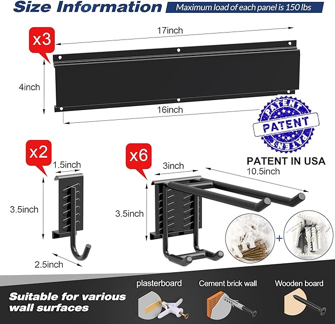 Storaboks Heavy Duty Garage Storage Rack System, Wall Mounted Tool Organizer with 8 Double Hooks, 3 Rails, Garden Yard Tools Hanger for Ski Gears, Broom, Rake, Shovel-VerdiqueGarden